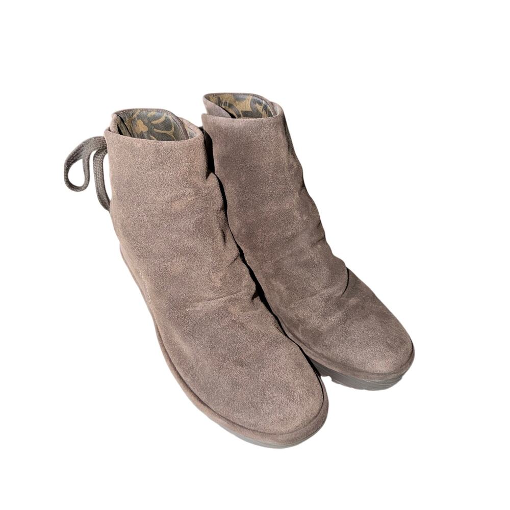 Fly London brown suede leather lace back wedge bootie boots EU 40 US 9
